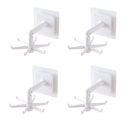 Set 4 suporturi ustensile bucatarie, zggzerg, ABS, Carlig pliabil cu rotire la 360°, Raft de depozitare scalabil cu 6 gheare, autoadezive, pentru birou, toaleta, baie, Alb