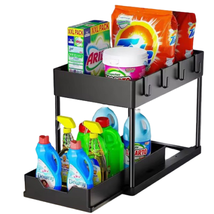 Set 2 organizatore Remart® SpaceMax™ extensibile cu doua nivele pentru spatiul de sub chiuveta - Solutia ideala pentru bucatarie si baie