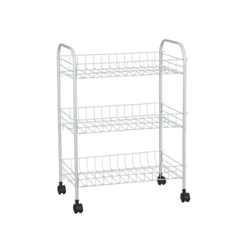 Etajera metalica, tip carucior, multifunctionala, cu roti, 3 etaje, alb
