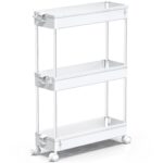 Carucior pentru depozitare SPACEKEEPER pe 3 nivele, multifunctional mobil cu roti si rafturi detasabile, sertare ergonomice cu divizoare si carlige, 40x13x61cm, culoare alb
