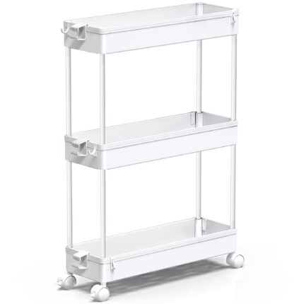 Carucior pentru depozitare SPACEKEEPER pe 3 nivele, multifunctional mobil cu roti si rafturi detasabile, sertare ergonomice cu divizoare si carlige, 40x13x61cm, culoare alb