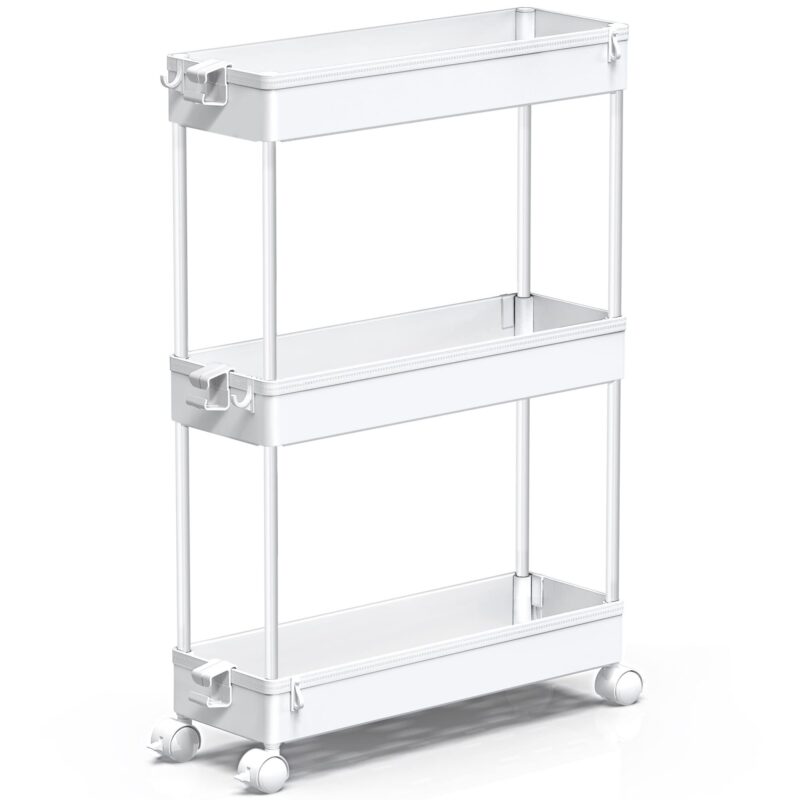 Carucior pentru depozitare SPACEKEEPER pe 3 nivele, multifunctional mobil cu roti si rafturi detasabile, sertare ergonomice cu divizoare si carlige, 40x13x61cm, culoare alb