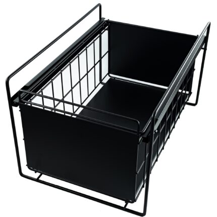 Organizator dulap universal Destello, Cos Solid, Tip Sertar, 1 Nivele culisante, Pana la 15kg, Sistem glisare pe sina, Prindere cu Autoadeziv, Pentru depozitare Bucatarie, Sub chiuveta, Baie, Sufragerie, Dimensiune 40x27x27cm - Metal Negru
