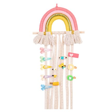 Suport pentru agatat fundite de par, Organizator pentru agrafe de par, WALALLA, Forma Curcubeu cu Cicuri, pentru Decor camera fetitei, lemn/bumbac, Multicolor