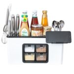 Organizator Multifunctional pentru Bucatarie Teno®, 4 Compartimente, raft condimente, suport detasabil telefon, tavita de scurgere, suport tacamuri/ustensile, alb