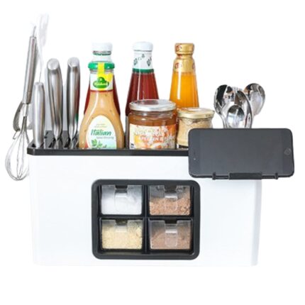 Organizator Multifunctional pentru Bucatarie Teno®, 4 Compartimente, raft condimente, suport detasabil telefon, tavita de scurgere, suport tacamuri/ustensile, alb