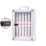 Caseta de depozitare pentru telefoane, portabila, cu incuietoare, 12 compartimente, aluminiu, transparent/alb