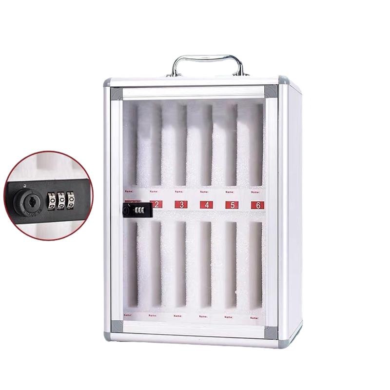 Caseta de depozitare pentru telefoane, portabila, cu incuietoare, 12 compartimente, aluminiu, transparent/alb