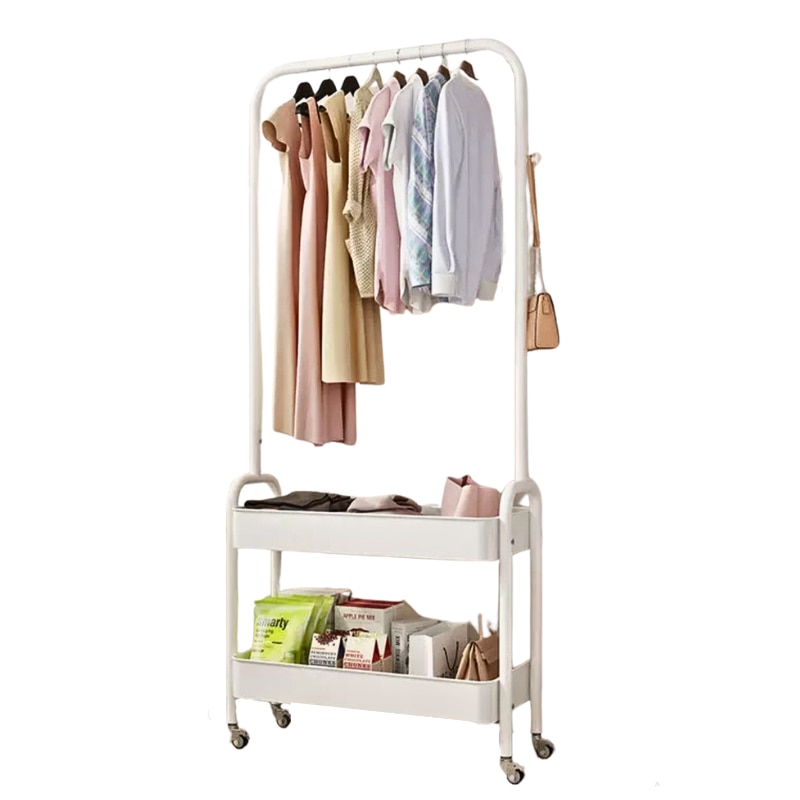 Suport portabil din otel carbon pentru umerase si haine, 2 rafturi, 2 carlige, 4 rotile, 159 x 67 x 30 cm, alb