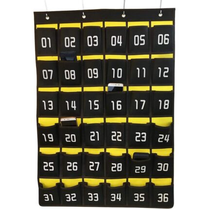 Organizator suspendat Cozevdnt, panza, 36 buzunare numerotate, gri/galben, carlige metalice, 66x93.5cm