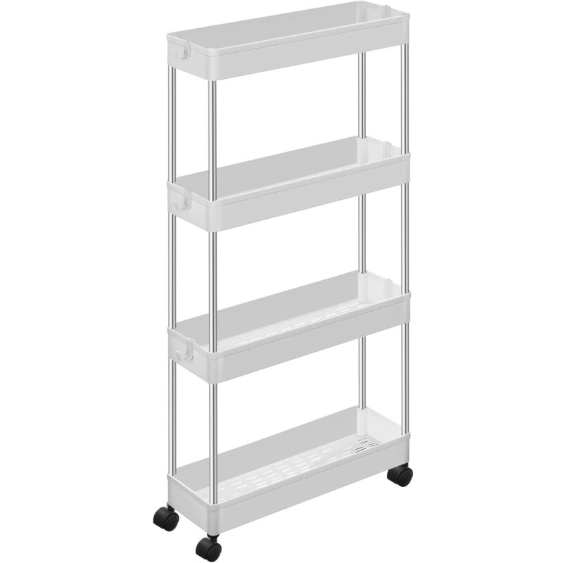 Carucior de depozitare pe roti SONGMICS, pentru bucatarie sau baie, din plastic, cu 4 nivele, 40x13x88cm, alb