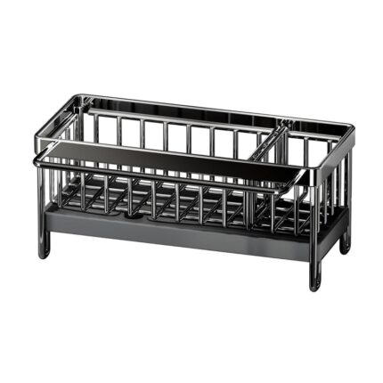Suport pentru bureti Rqiurpn, organizator cu separator, otel inoxidabil, sistem de scurgere, tava de scurgere detasabila, incapator, Negru, 9x10x23.5cm
