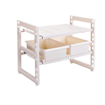 Suport cu 2 rafturi ajustabile si cu 2 cosuri, 48.5/70.5 x 27.5 x 39.5 cm, alb