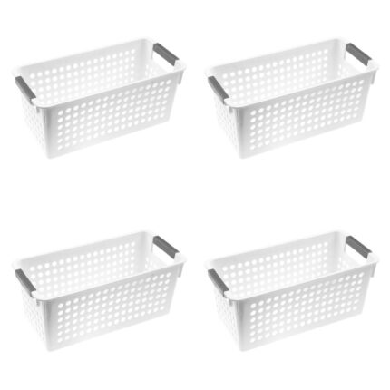 Set 4 cosuri depozitare, perforate, cu manere, plastic, alb, 4 L, 29x14x12.5 cm