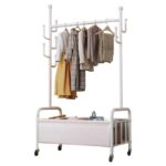 Suport portabil din otel carbon pentru umerase si haine, compartiment incaltaminte, 7 carlige, 4 rotile, 168 x 60 x 37 cm, alb