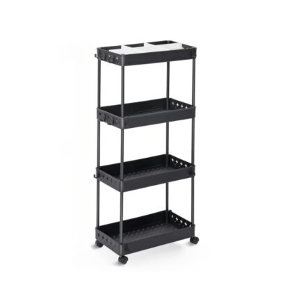Carucior de depozitare KINGRACK, multifunctional cu roti si rafturi glisante pe 4 nivele, sertare ergonomice detasabile cu divizoare si carlige, culoare negru