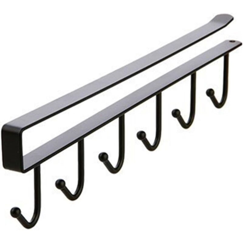 Suport pentru Organizare si Depozitare Cani, Cesti, Ustensile de Bucatarie si Gatit sau Umerase cu Haine, Multifunctional pentru Mobila, 6 Cuiere Simple din Otel cu Gaura pentru Fixare Surub (inclus), Negru, 26.5 x 3 x 1.5 cm, ORIGINAL DEALS