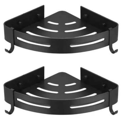 Raft de dus, set etajera baie 2 bucati, aluminiu, negru