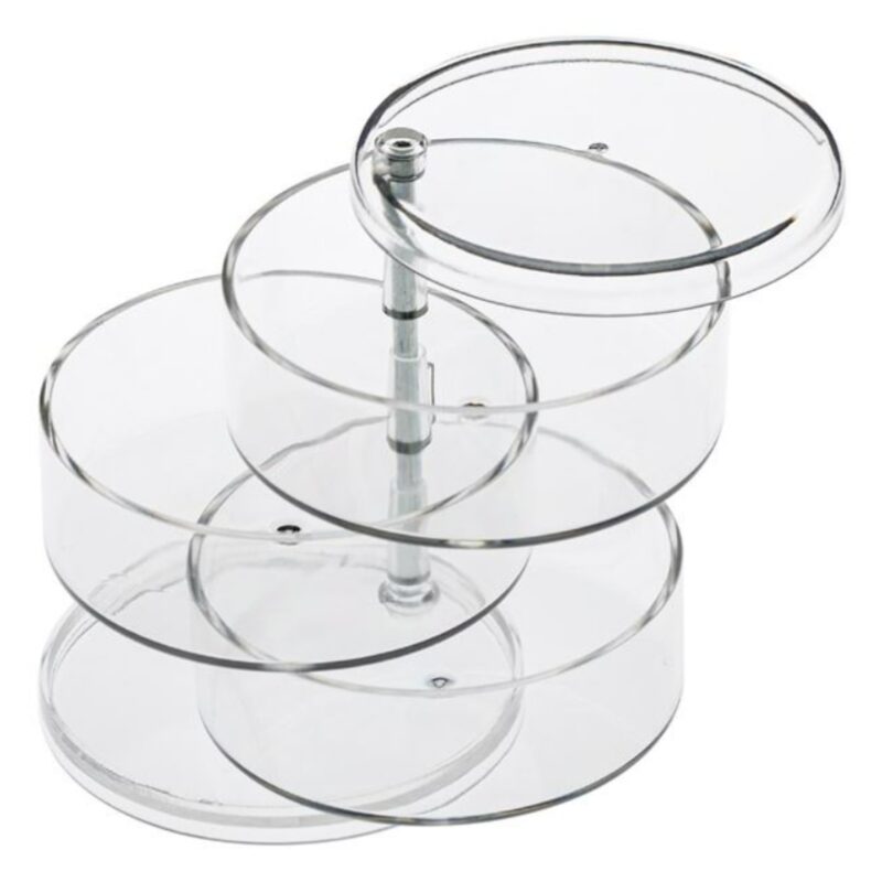Suport organizator pentru depozitare si afisare cosmetice, bijuterii, accesorii birou sau obiecte mici, rotativ, cu 3 compartimente, transparent, 11,5 x 14