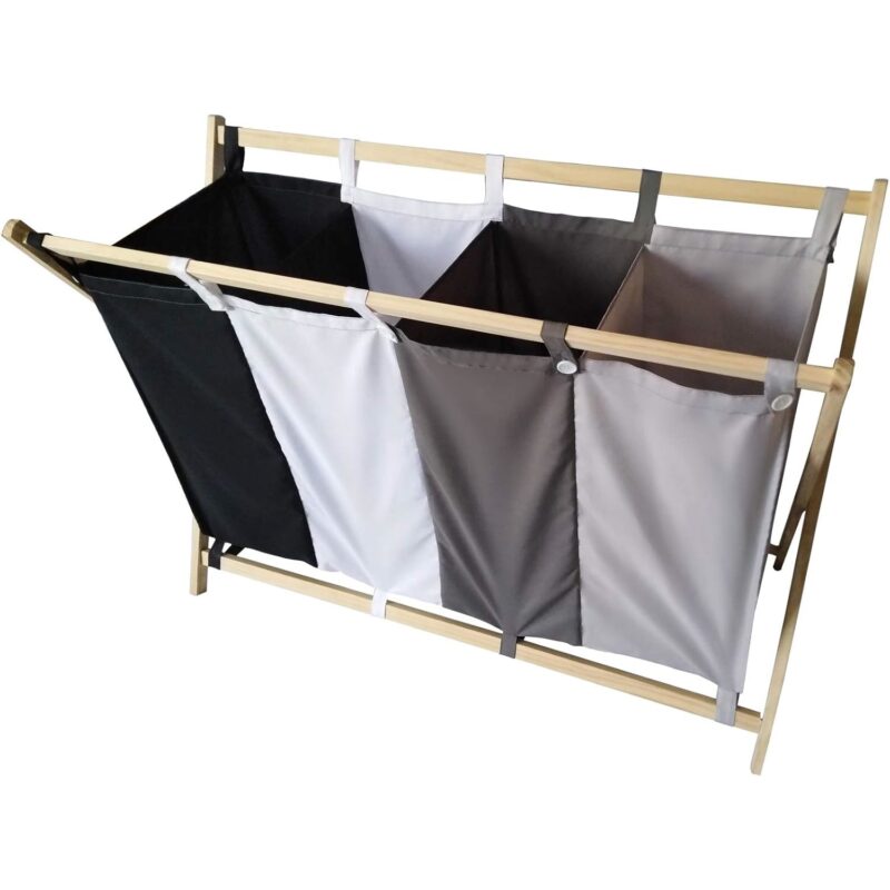 Cos de rufe cu 4 compartimente, pliabil, material textil si lemn, aprox. 172 l, Jago®