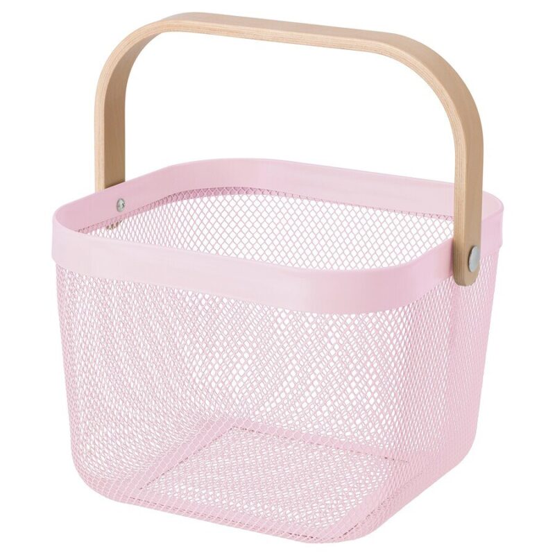 Cos depozitare multifunctional, confectionat din metal si maner din lemn, 25x25x19cm, Roz