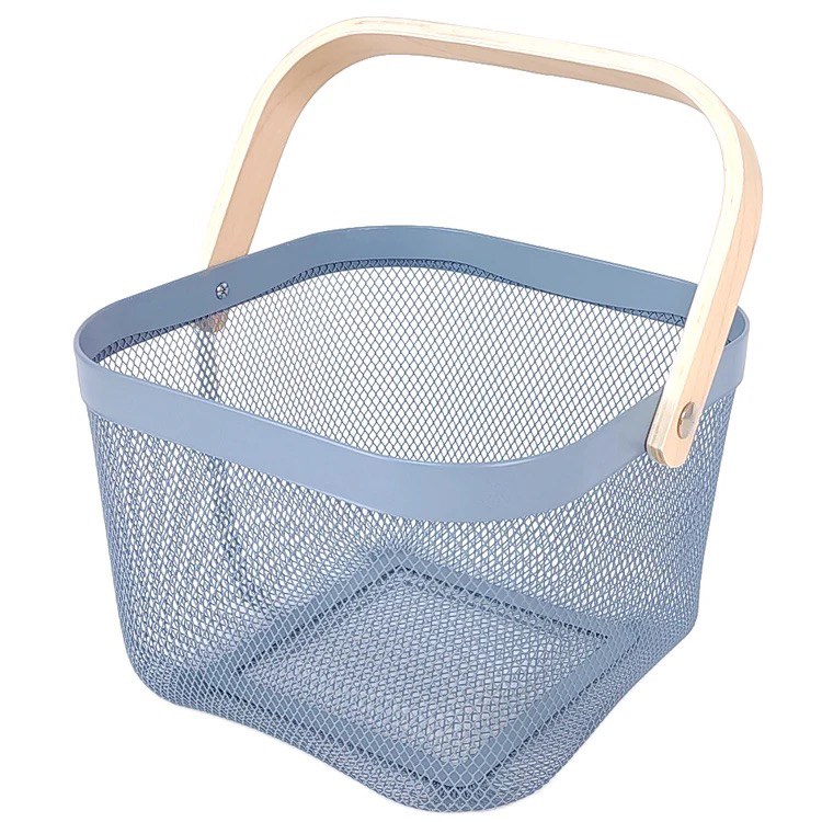 Cos depozitare multifunctional, confectionat din metal si maner din lemn, 25x25x19cm, Albastru