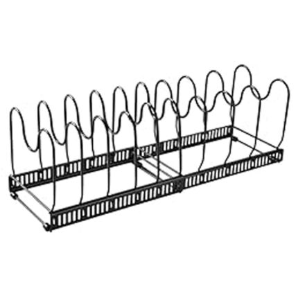 Etajera multifunctionala pentru tigai si capace, Amtok, 9 rafturi, Reglabil, Telescopic, Multifunctional, Detasabil, Slot pentru card in forma de U, Fier, Negru