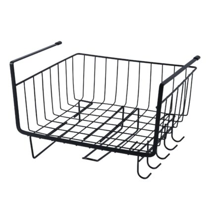 Cos Suspendat pentru Raft Zenino - Suport Hartie, Depozitare Vesela, 5 Carlige, Organizare Usoara, din Metal, 29x25x19cm, Negru
