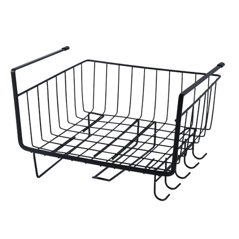 Cos Suspendat pentru Raft Zenino - Suport Hartie, Depozitare Vesela, 5 Carlige, Organizare Usoara, din Metal, 29x25x19cm, Negru