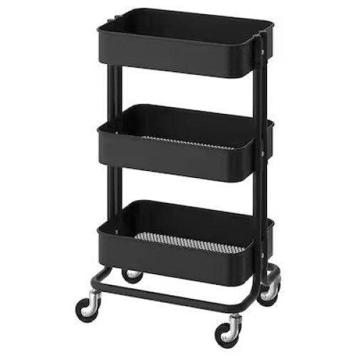 Carucior, cu roti, din otel, 35x45x78 cm, 3 polite, multifunctional, sarcina maxima 18kg, durabil, negru