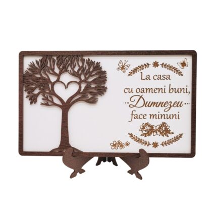 Tablou personalizat cu mesaj pentru Familie, Nasi, Fini, Prieteni, Colegi, Nunta, Logodna, Aniversare casnicie, Onomastica - "La casa cu oameni buni", Lemn, Decupaj si Gravura Laser, 20x13 cm, Rica Dreamart, Model 1