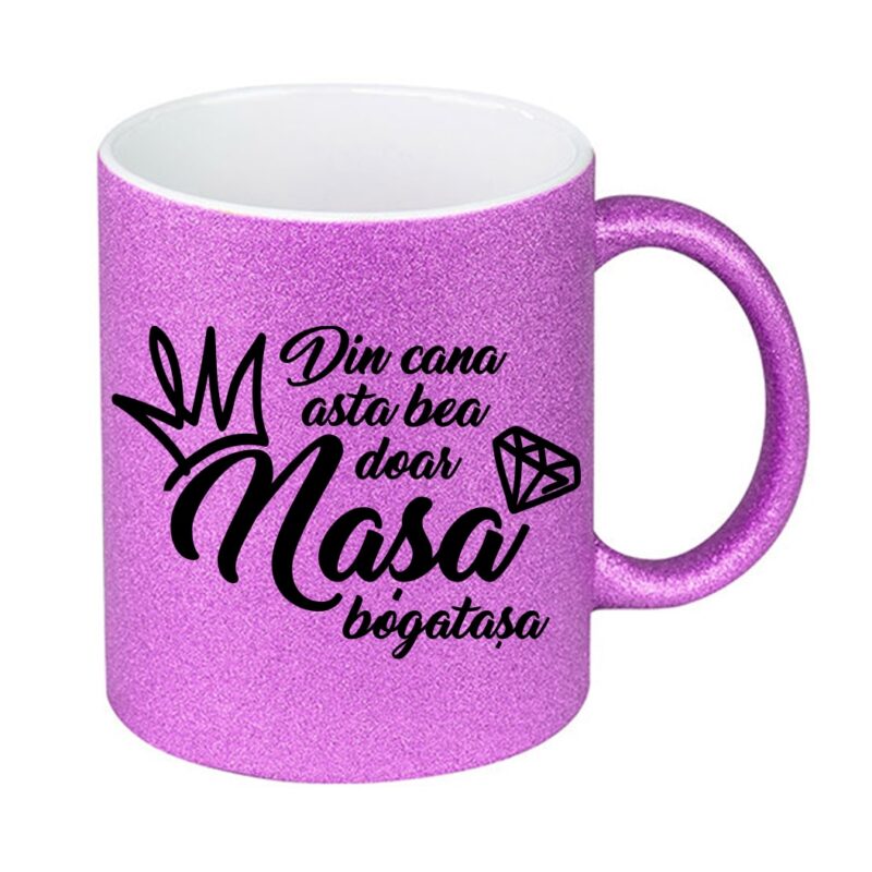 Cana glitter cu sclipici "Din cana asta bea doar nasa bogatasa", ceramica, mov, 350 ml