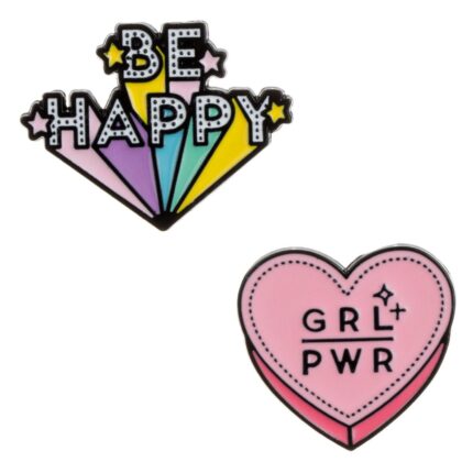 Set 2 Brose Be Happy si GRL PWR, Accesorii Metalice Emailate pentru Haine si Rucsacuri, Design Colorat cu Mesaje Motivationale
