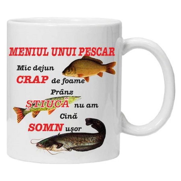 Cana personalizata special pentru pescari "meniu pentru pescari si rugaciune pentru pescari", 330ml
