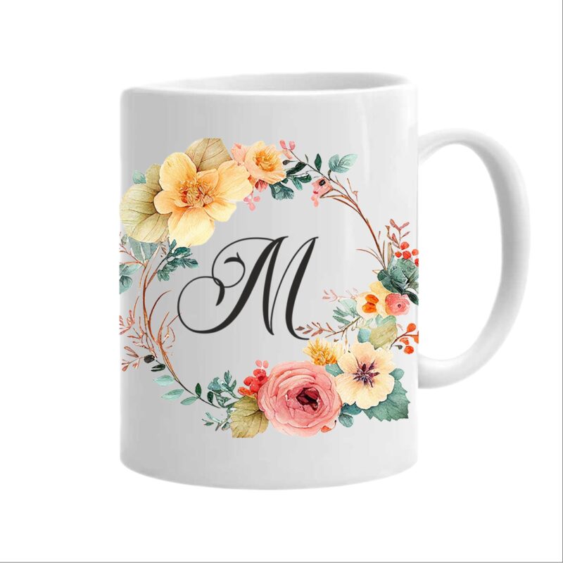 Cana personalizata cu initiala numelui, alba, 350ml, Colectia Flori-Alfabet, litera M