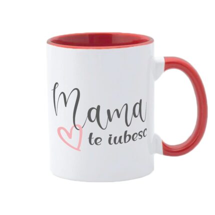 Cana alba personalizata, interior rosu si maner rosu, Colectia Mama, 8 Martie, Ziua Mamei, Model 1, 350 ml