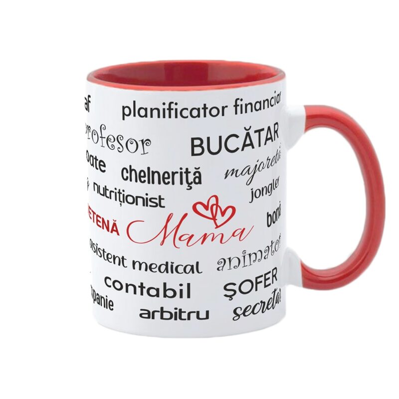 Cana alba personalizata, interior rosu si maner rosu, Colectia Mama, 8 Martie, Ziua Mamei, Model 5, 350 ml