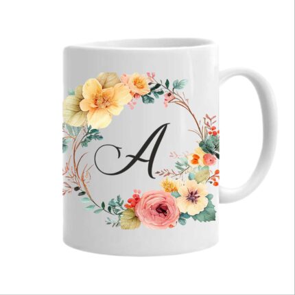Cana personalizata cu initiala numelui, alba, 350ml, Colectia Flori-Alfabet, litera A