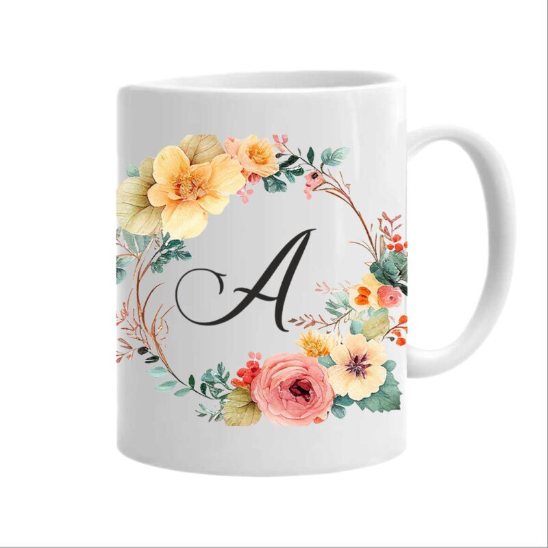 Cana personalizata cu initiala numelui, alba, 350ml, Colectia Flori-Alfabet, litera A