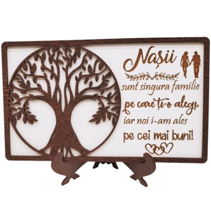 Tablou cadou personalizat pentru Nasi, nunta, aniversare casnicie - "Nasii sunt singura familie pe care ti-o alegi", Lemn, Decupaj si Gravura Laser, 20x13 cm, Rica Dreamart, Model 4