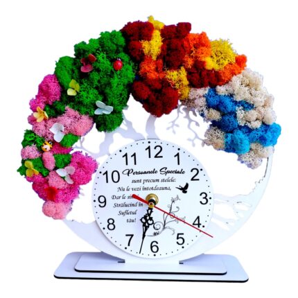 Ceas decorativ copacul vietii, personalizat cu mesaj standard pentru familie, nasi, fini, prieteni "Persoanele speciale...", decorat cu licheni stabilizati si flori decorative naturale, model 1, alb, 25cm
