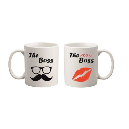 Set 2 cani albe personalizate, The Boss, 330 ml, cuplu