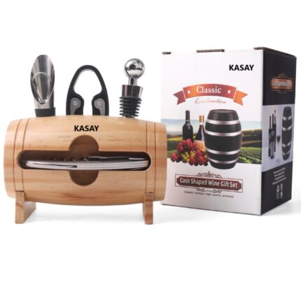 Set cadou pentru barbati KASAY, desfacator de vin din 4 piese, otel inoxidabil in suport de lemn de bambus natural 13, 5 x 16, 5 x 8 cm, negru