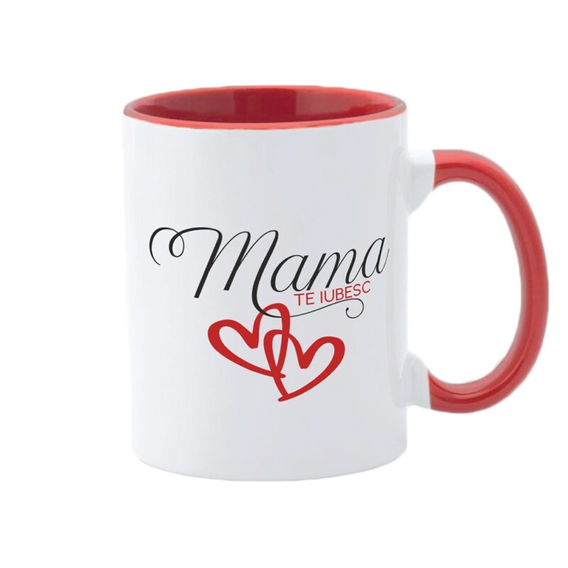 Cana alba personalizata, interior rosu si maner rosu, Colectia Mama, 8 Martie, Ziua Mamei, Model 2, 350 ml