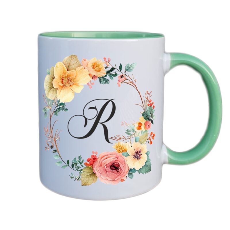 Cana personalizata cu initiala numelui, alba cu interior si maner verde, 350ml, Colectia Flori-Alfabet, litera R
