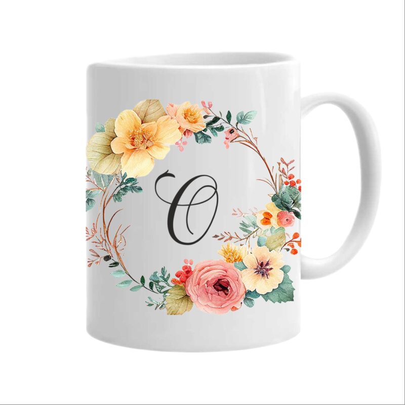 Cana personalizata cu initiala numelui, alba, 350ml, Colectia Flori-Alfabet, litera O