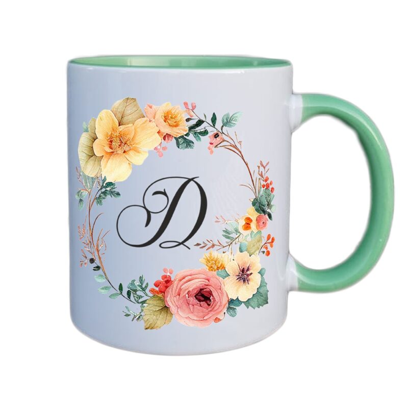 Cana personalizata cu initiala numelui, alba cu interior si maner verde, 350ml, Colectia Flori-Alfabet, litera D