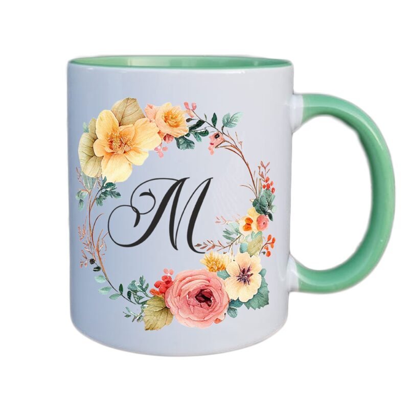 Cana personalizata cu initiala numelui, alba cu interior si maner verde, 350ml, Colectia Flori-Alfabet, litera M