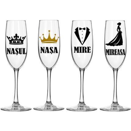 Set 4 pahare de sampanie nunta pentru miri si nasi, 19x6.5 cm