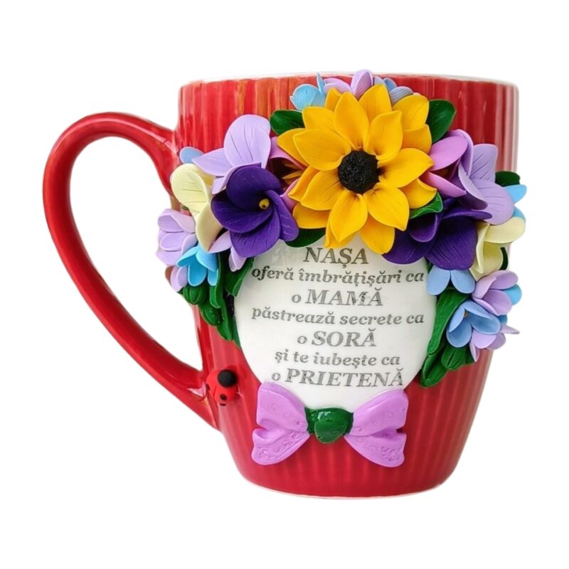 Cana pentru nasa, handmade, decorata cu flori modelate din lut polimeric, Fimo, ceramica, rosie, 350ml